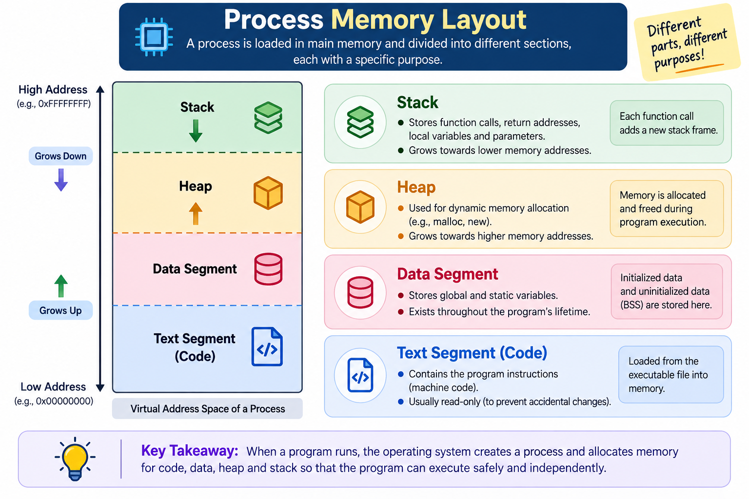 Process memory layout showing stack, heap, data, and text/code segments in a running process.