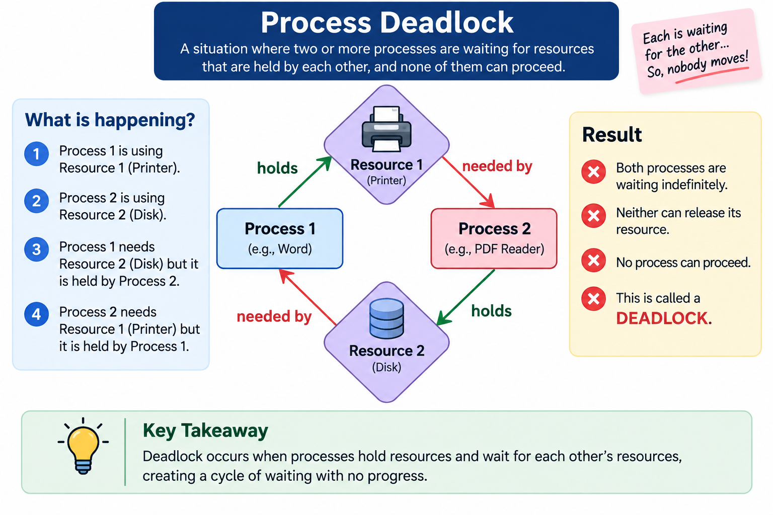 A resource-allocation cycle: Process 1 holds a printer and waits for a disk, while Process 2 holds the disk and waits for the printer, causing deadlock.